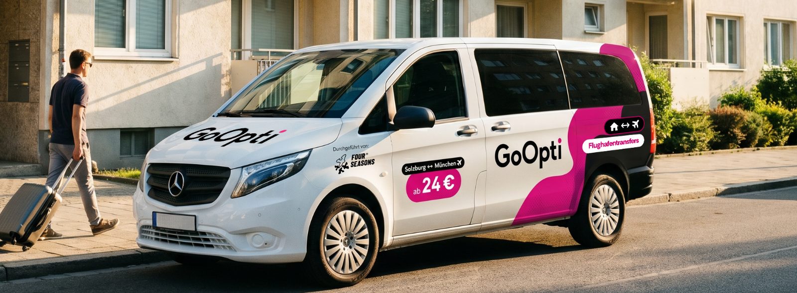 Ein GoOpti-Van holt einen Fahrgast mit Gepäck vor seinem Zuhause in Salzburg ab