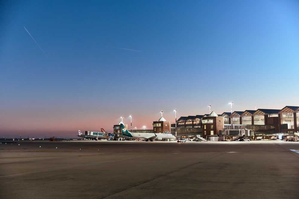 Venice Marco Polo Airport terminal and apron at dusk