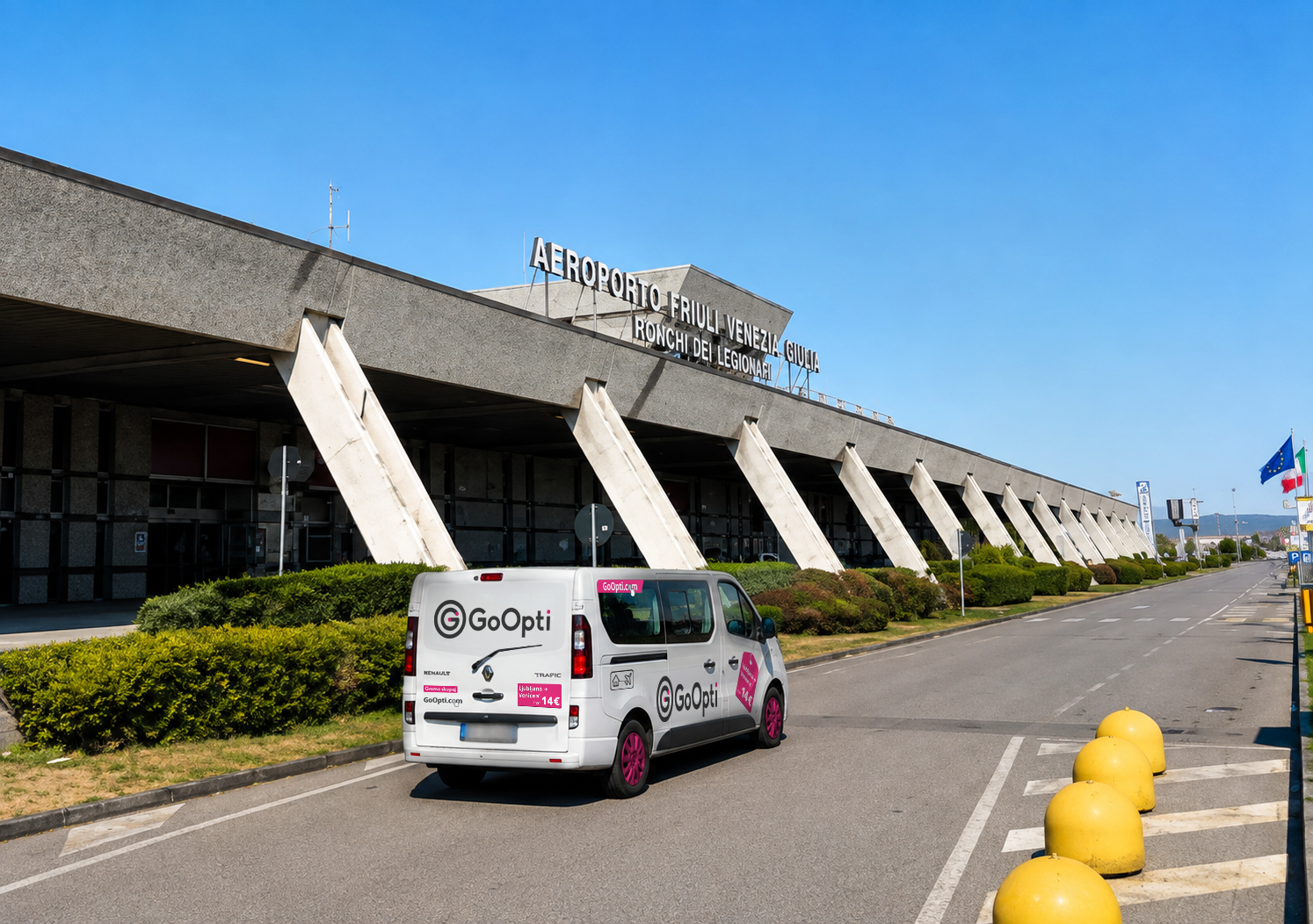 A GoOpti van outside Trieste–Friuli Venezia Giulia Airport at Ronchi dei Legionari